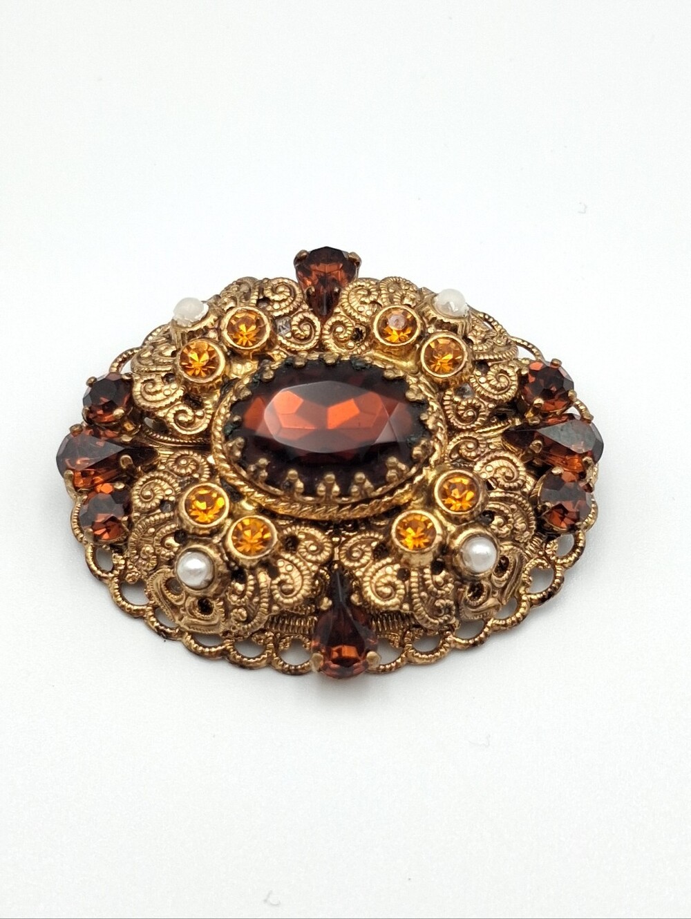 VPM430. Vintage-Style Gold Filigree Brooch with Amber and Citrine Stones